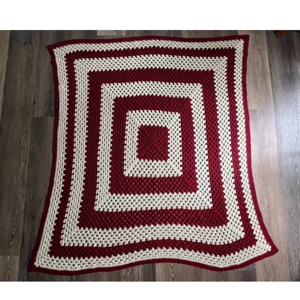 Handmade Crochet Granny Square Blanket UnRed White Afghan Throw Vintage